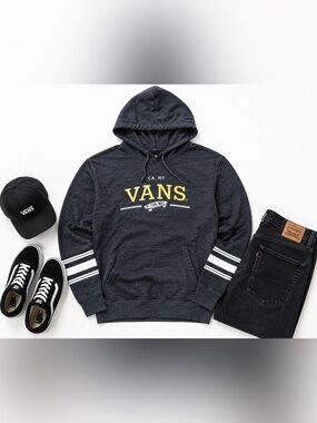 Vans Navy Hoodie with Yellow Logo and White Sleeve Stripes